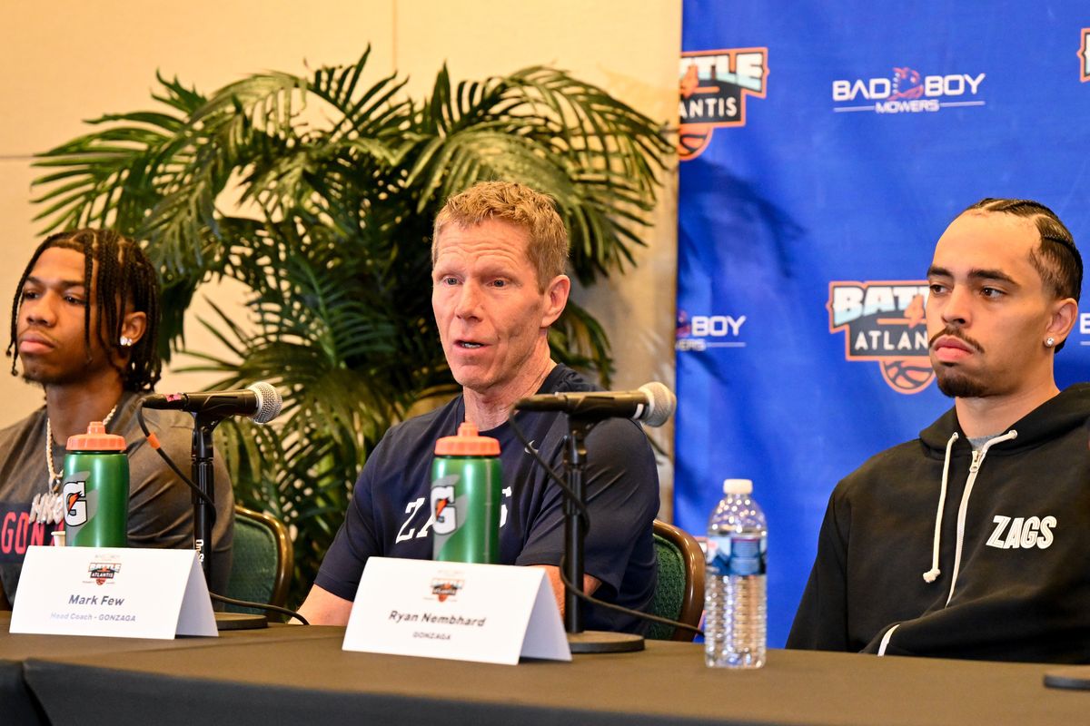 Gonzaga head coach Mark Few, center, takes questions during a news conference Tuesday leading up to the Battle 4 Atlantis in Paradise Island, Bahamas.  (Tyler Tjomsland / The Spokesman-Review)