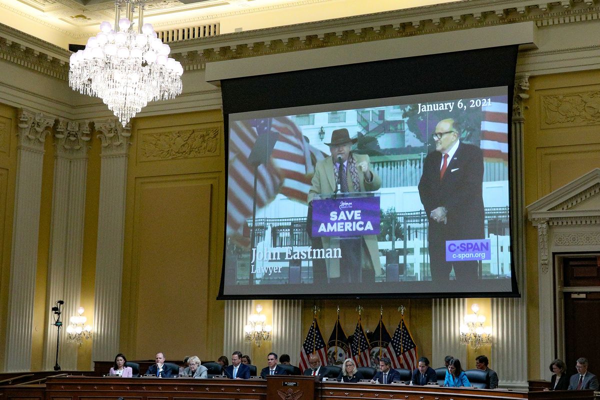 WASHINGTON, DC – JUNE 16: An image of John Eastman and Rudy Giuliani is displayed on a screen during the third hearing held by the Select Committee to Investigate the January 6th Attack on the U.S. Capitol on June 16, 2022 in the Cannon House Office Building in Washington, DC. The bipartisan committee, which has been gathering evidence related to the January 6, 2021 attack at the U.S. Capitol for almost a year, is presenting its findings in a series of televised hearings. On January 6, 2021, supporters of President Donald Trump attacked the U.S. Capitol Building in an attempt to disrupt a congressional vote to confirm the electoral college win for Joe Biden. (Photo by Tom Brenner-Pool/Getty Images)  (Pool)