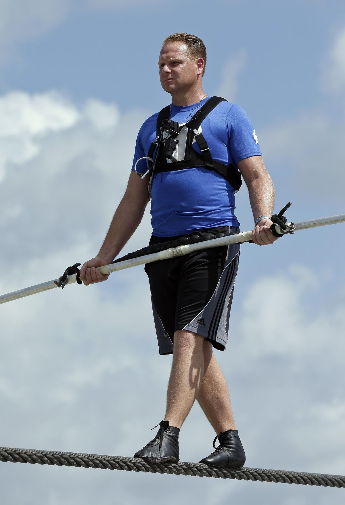 In this 2013 file photo, high wire performer Nik Wallenda practices in Sarasota, Fla. Five circus performers were seriously injured Wednesday while practicing a high-wire act in Florida. The accident involved Wallenda and several members of his family. Authorities say Wallenda was not injured. (Chris O