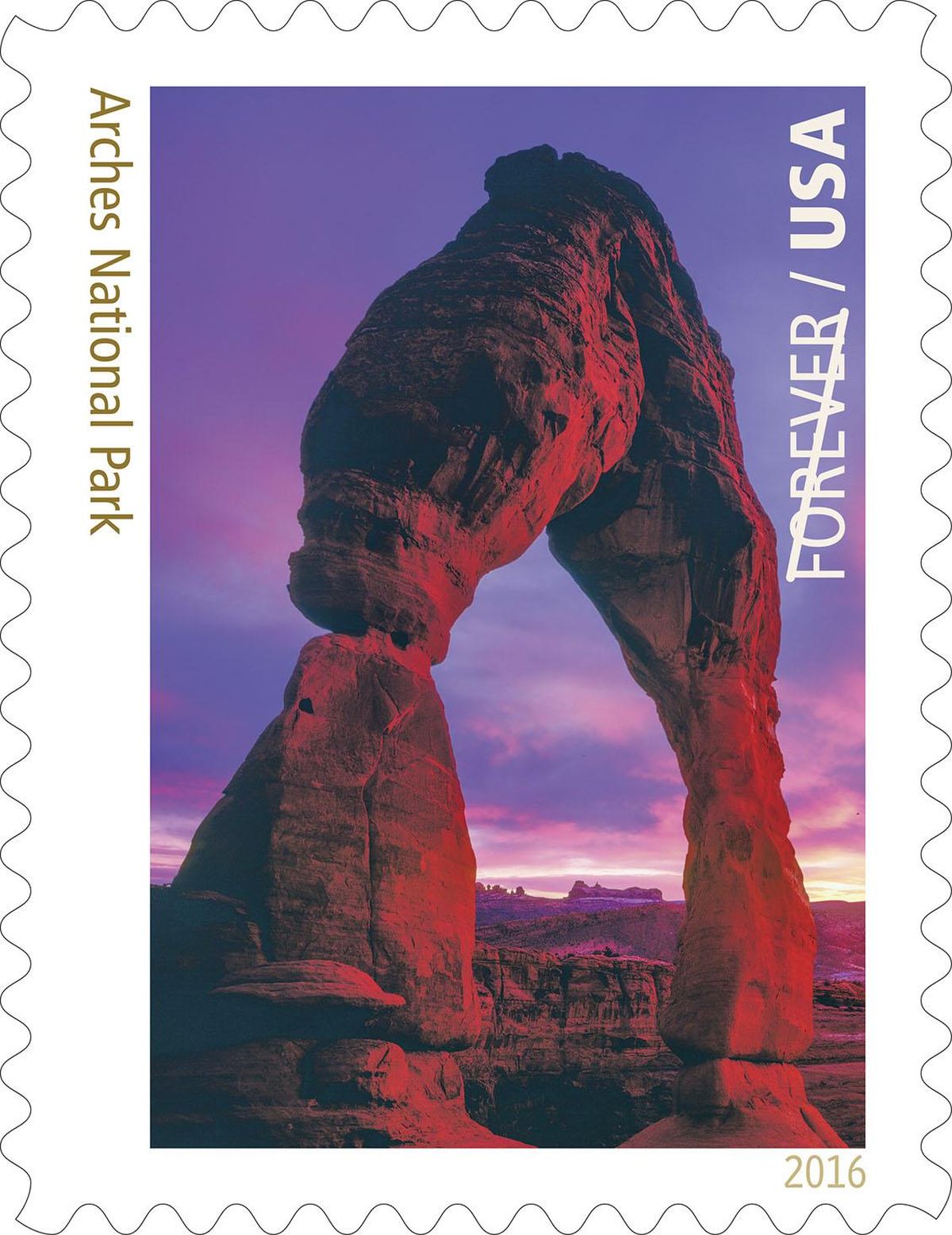 A photo of Delicate Arch Arches National Park by Tom Till of Moab, Utah, is one of 16 images to be featured on a series of U.S. Postal Service Forever Stamps celebrating the 100 anniversary of the National Park System. The stamps will be issued in June. (Courtesy photo)