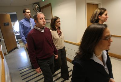 Jon Pomeroy and Rebecca Long attend their arraignment hearing in Seattle on Monday. Seattle Post-Intelligencer (Mike Kane Seattle Post-Intelligencer / The Spokesman-Review)