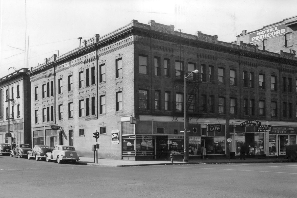 1948 - The building on the easternmost part of the West 200 block of Riverside was a retail and hotel complex, built in the shadow of the more upscale Pedicord Hotel, shown in 1948. The National Hotel, put up by Huber and Margaret Rasher, had single rooms upstairs and retail and restaurant businesses downstairs. The western half of the buildings, which contained the California Hotel and later, the Sheridan Hotel, was torn down in 1967. (SPOKESMAN-REVIEW PHOTO ARCHIVE / SR)