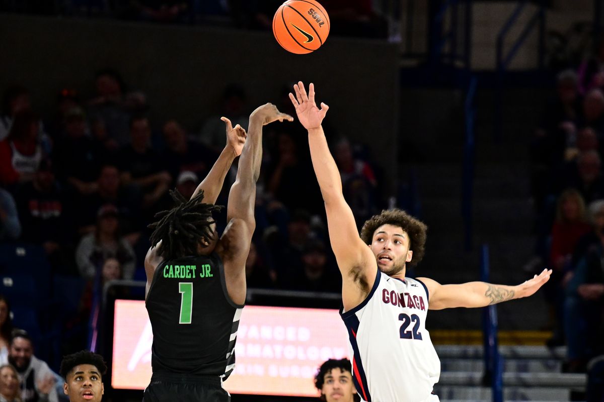 Chicago State Cougars guard Wesley Cardet Jr. (1) shoots against Gonzaga Bulldogs forward Anton Watson (22) during the second half of a college basketball game on Wednesday, March 1, 2023, at McCarthey Athletic Center in Spokane, Wash. Gonzaga won the game 104-65.  (Tyler Tjomsland/The Spokesman-Review)