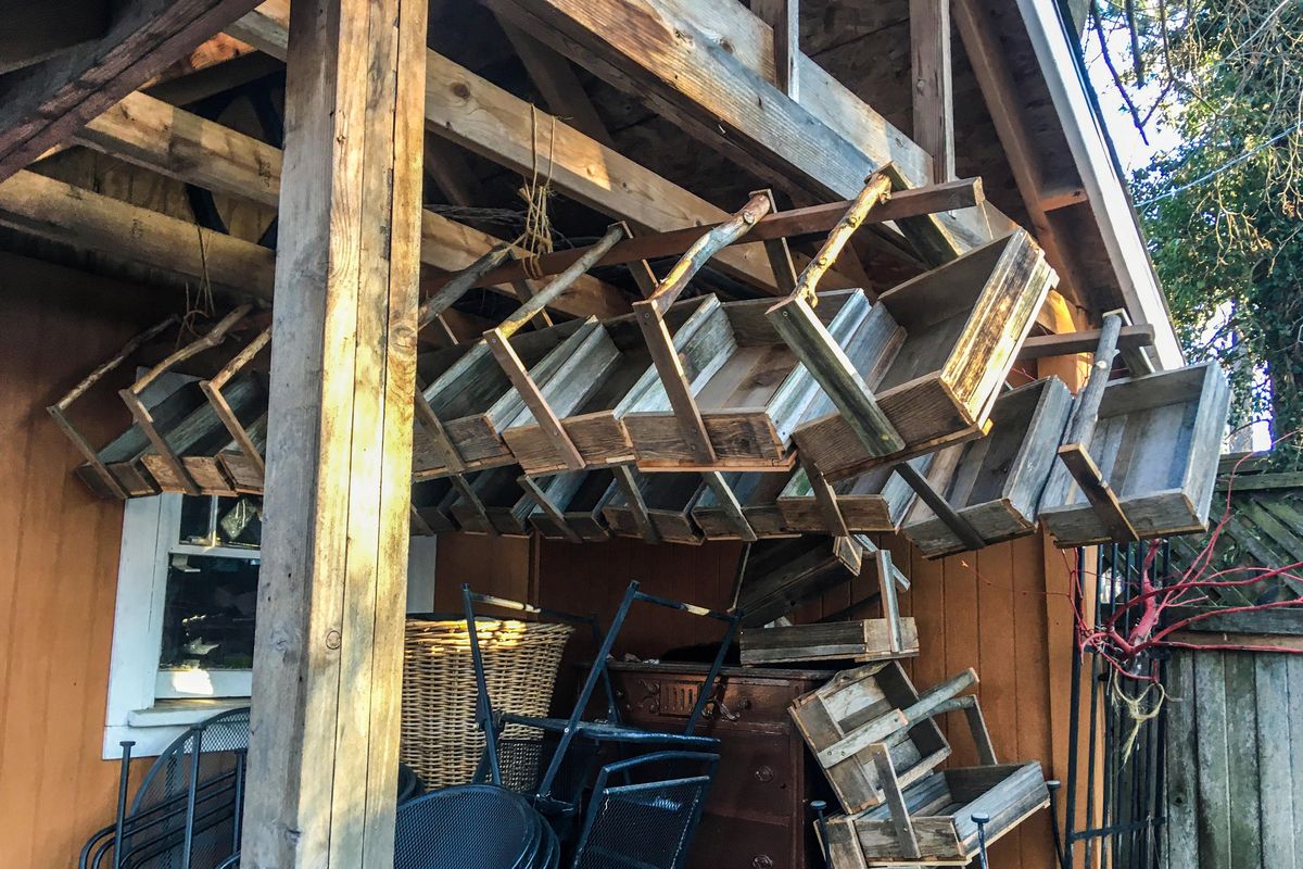 The trugs hang from Jim Fox’s shed in the spring.  (Courtesy of Jim Fox.)