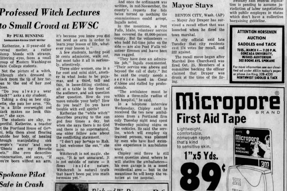 A “professed witch” from Portland, gave a talk to a small group of Eastern Washington State College students, The Spokesman-Review reported on Feb. 27, 2025. (Spokesman-Review archives)