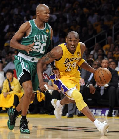 Ray Allen, left, here guarding Kobe Bryant in Game 1, can’t afford needless fouls.  (Associated Press)