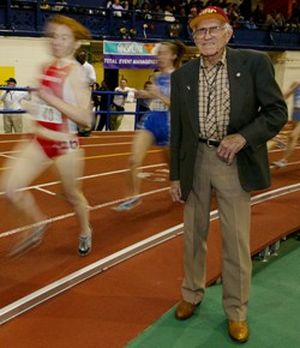 Louis S. Zamperini, 86, who competed at the 1936 Berlin Olympics and was a World War II POW, attends the Armory Collegiate Invitational at the Armory Track and Field Center in New York, Saturday, Feb. 15, 2003.  (AP)