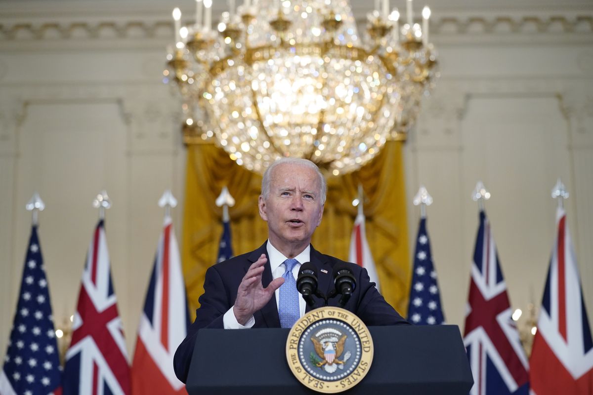President Joe Biden, joined virtually by Australian Prime Minister Scott Morrison and British Prime Minister Boris Johnson, speaks about a national security initiative from the East Room of the White House in Washington, Wednesday, Sept. 15, 2021. (Andrew Harnik)