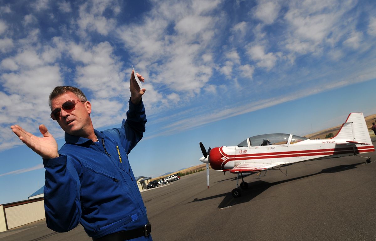 Sergey Prolagayev goes through his flying routine at the Davenport Airport  on Wednesday.  (Rajah Bose / The Spokesman-Review)