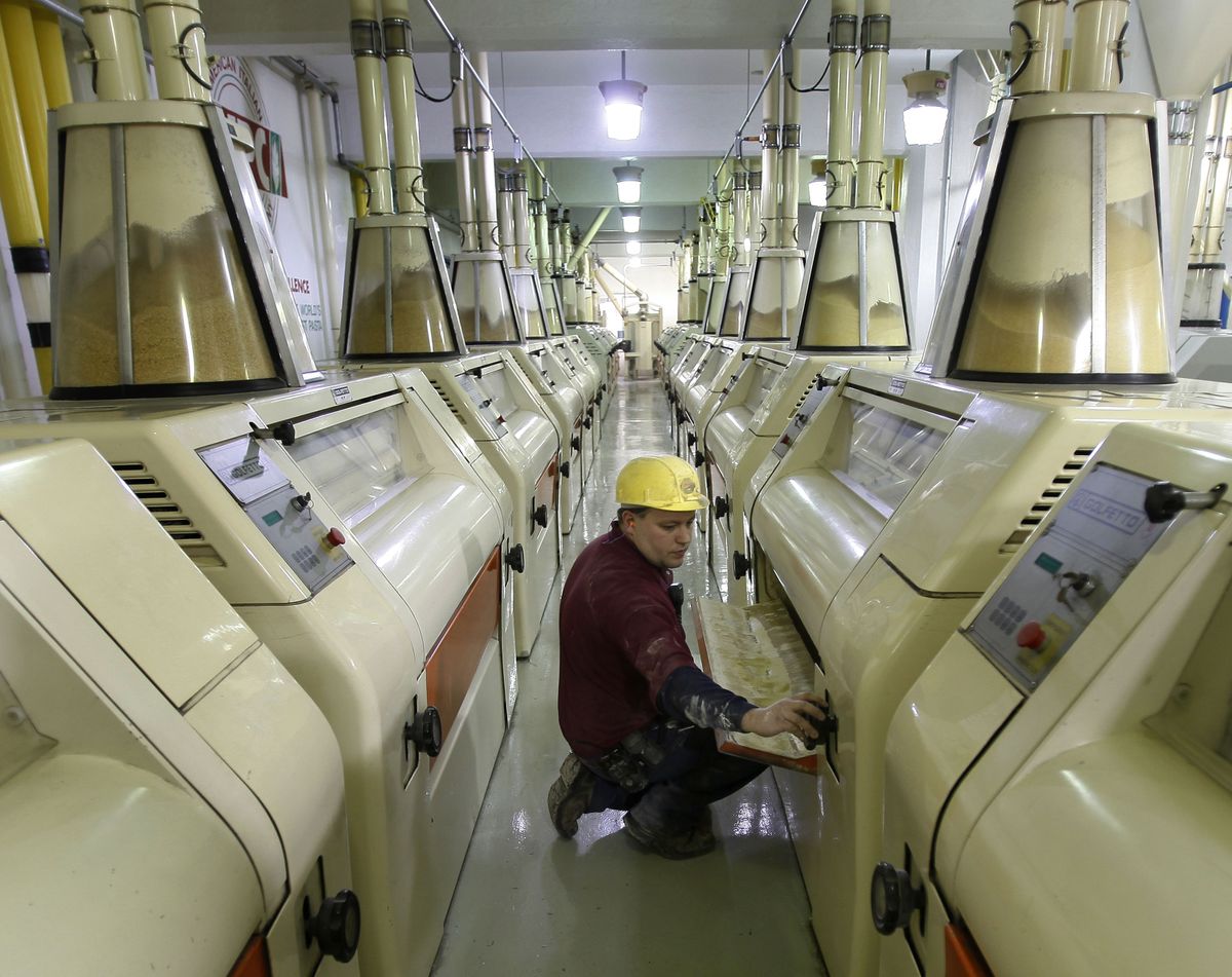 Miller Brady Hageman checks roller mills as wheat is ground into flour to make pasta at the American Italian Pasta Co. plant in Excelsior Springs, Mo. (Charlie Riedel / The Spokesman-Review)