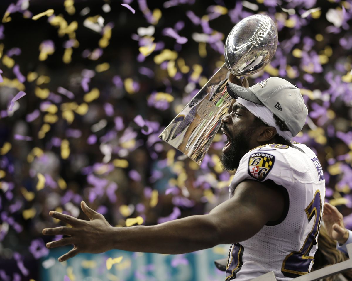 Ravens safety Ed Reed celebrates Baltimore’s Super Bowl victory over San Francisco. Reed recorded his ninth postseason interception, tying an NFL record. (Associated Press)