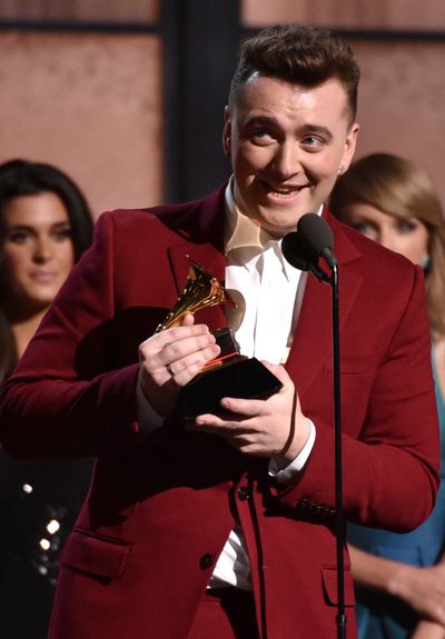 Sam Smith accepts the award for best new artist at the 57th annual Grammy Awards on Sunday.