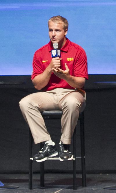 Southern California quarterback Matt Barkley responds to a question during the Pac-12 NCAA college football media day Tuesday in Los Angeles. (Associated Press)