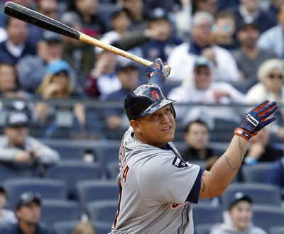Detroit’s Miguel Cabrera watches his two-run home run in the first inning. (Associated Press)
