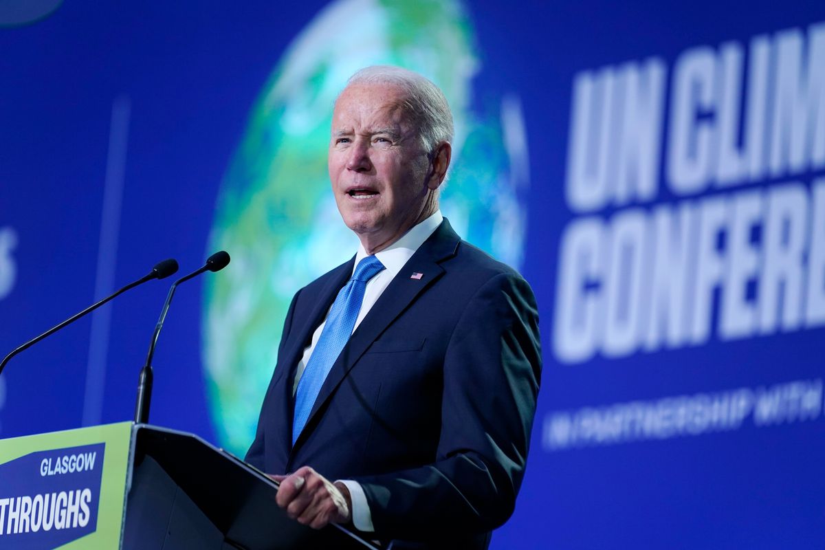 President Joe Biden speaks during the "Accelerating Clean Technology Innovation and Deployment" event at the COP26 U.N. Climate Summit, Nov. 2, 2021, in Glasgow, Scotland. After talking the climate talk at U.N. negotiations in Scotland, the Biden administration now tests whether a divided United States can push a massive investment for a new era of clean energy through the narrowest of margins in the Senate.  (Evan Vucci)