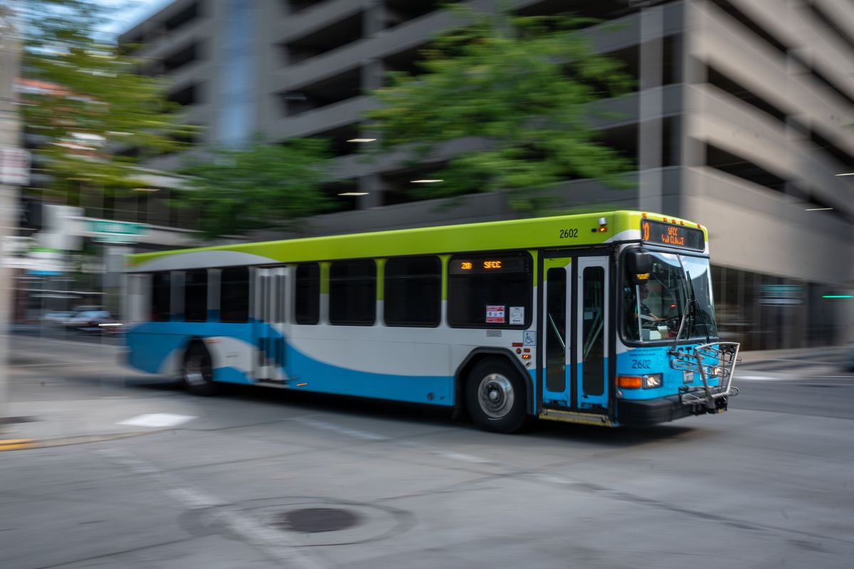 A Spokane Transit Authority bus arrives at the STA Plaza in this undated photo. STA is seeking public input on its 2025 services.  (Colin Mulvany/The Spokesman-Review)