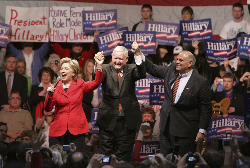 FILE - In this March 24, 2008 file photo, Democratic presidential hopeful Sen. Hillary Rodham Clinton, D- N.Y, left, addresses the crowd with Rep. John Murtha, D-Pa., center, and Pennsylvania Gov. Ed Rendell at the Fayette Campus of Penn State University in Uniontown, Pa. Murtha, an influential critic of the Iraq War whose congressional career was shadowed by questions about his ethics, died Monday, Feb. 8, 2010. He was 77. (Keith Srakocic / Associated Press)