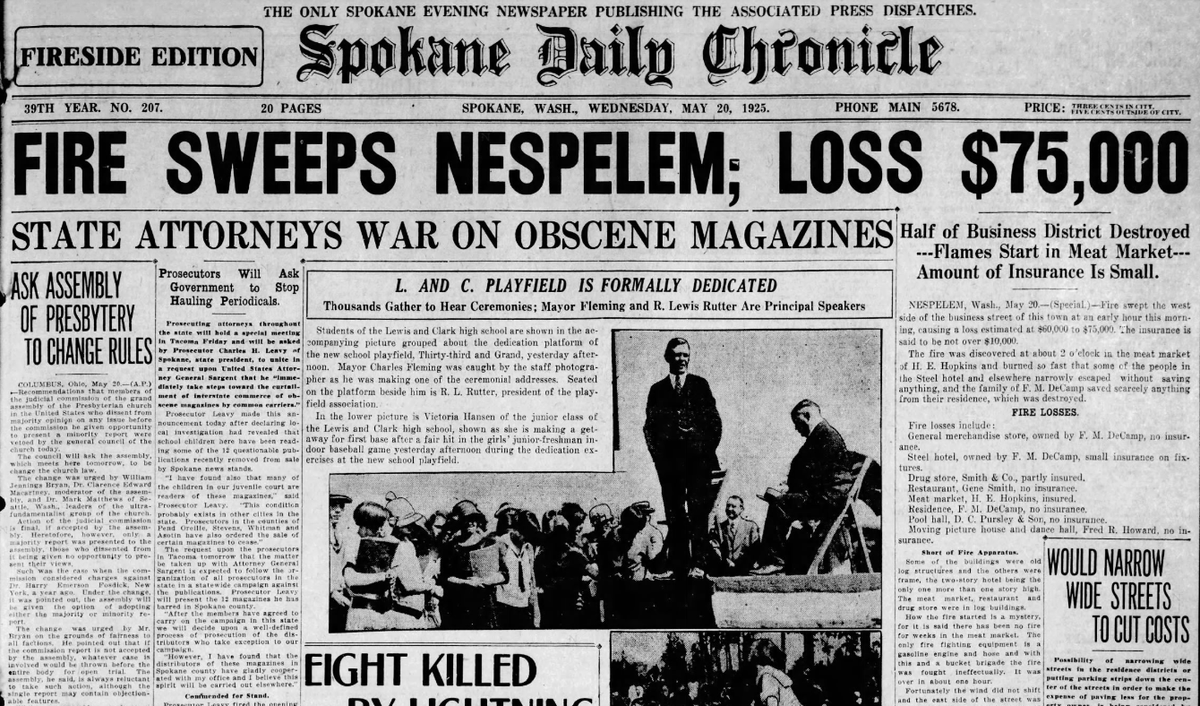 A devastating fire destroyed half of the business district of Nespelem, the Spokane Daily Chronicle reported on May 20, 1925.  (Spokesman-Review archives)