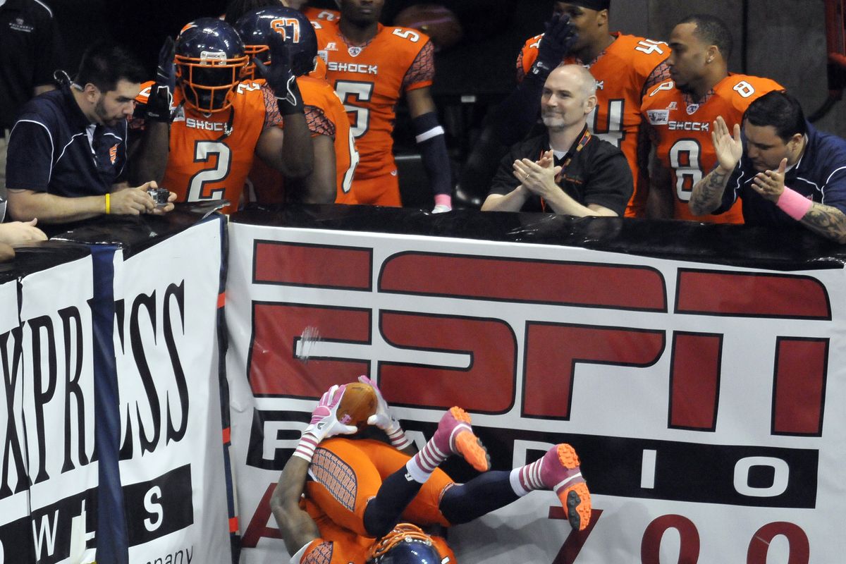 Shock receiver Duane Brooks hauls in a pass and tumbles onto the turf to score in the first half when Spokane piled up 62 points. (Jesse Tinsley)