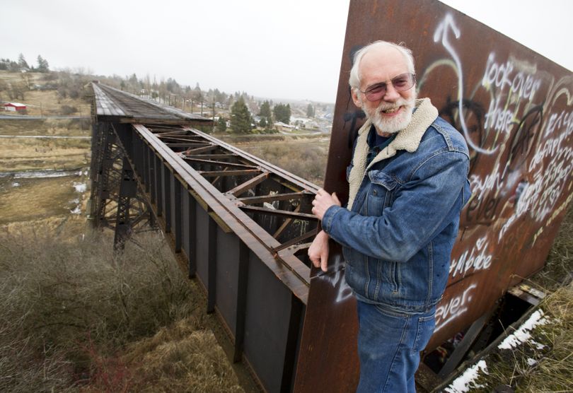 Monte Morgan, of Tekoa, Wash., is advocating that the old Milwaukee Road railroad trestle next to his farm be used to continue the John Wayne Pioneer Trail into Idaho. “We’ve got it (the trail route) cleared and ready to go to the Idaho border,” he said. (Colin Mulvany)