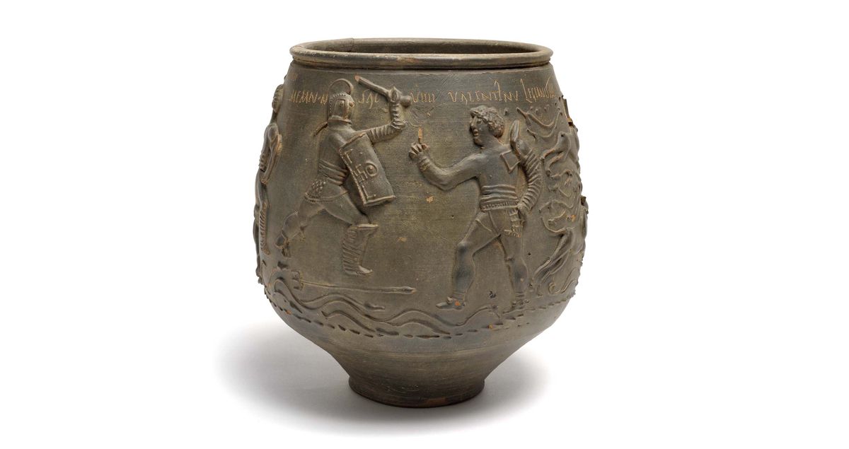A close-up of the Colchester vase shows a battle between gladiators.  (Courtesy of Colchester Museums and Colchester City Council)