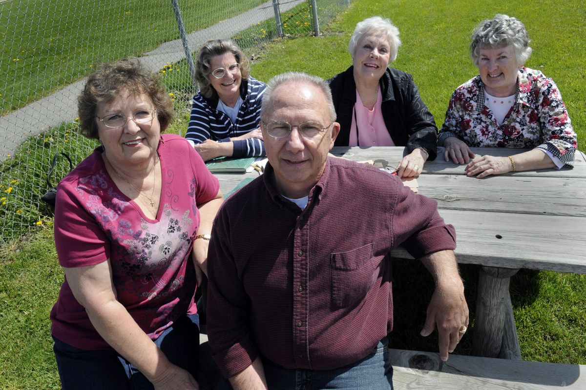 Members of the East Valley High School  class of 1961 met at The Otis Grill  to share memories  May 9. In front are  Georgia (Resch) Bohn and Dave Bohn. In back, from left, are  Pat (Maurer) Orebaugh; Jan (Wendler) Batt and Judi (Curtis) Shelley. (J. BART RAYNIAK)