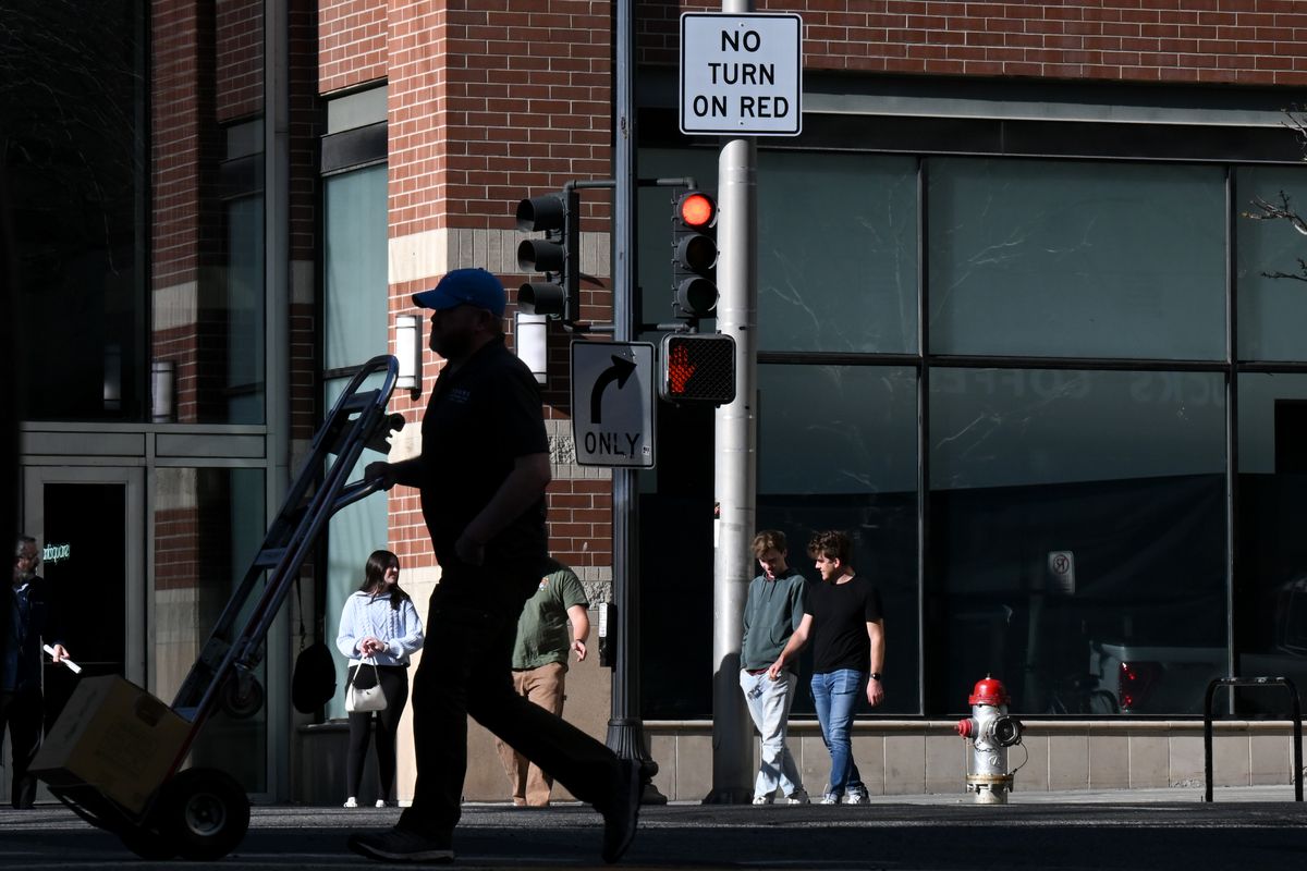 No-turn-on-red signs recently installed at the intersection of Riverside and Post in front of River Park Square could be seen on Wednesday in Spokane. (Tyler Tjomsland/The Spokesman-Review)
