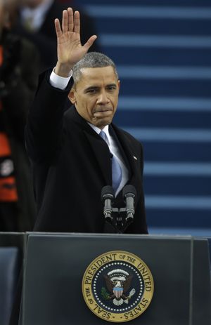 President Barack Obama waves after his speech at the ceremonial swearing-in at the U.S. Capitol during the 57th Presidential Inauguration in Washington, Monday, Jan. 21, 2013. (Pablo Monsivais / Associated Press)