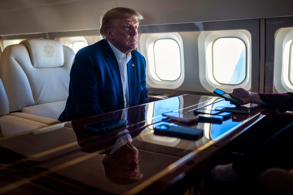 FILE -- Former President Donald Trump speaks to reporters aboard his private plane in Columbia, S.C., on Jan. 28, 2023. Trump could also face a second indictment in Georgia, a third from federal prosecutors and potentially a fourth. (Doug Mills/The New York Times)  (DOUG MILLS)