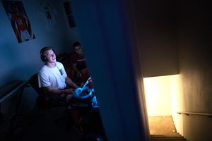 WSU kicker Jack Crane plays the popular video game Fortnite with friend Corey Magdaleno on Aug. 16 in Pullman. (Tyler Tjomsland / The Spokesman-Review)
