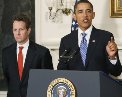 President Barack Obama, accompanied by Treasury Secretary Timothy Geithner, announces a new fee on large financial institutions to recover up to $120 billion used to prop up the corporations during the economic crisis.  (Associated Press)