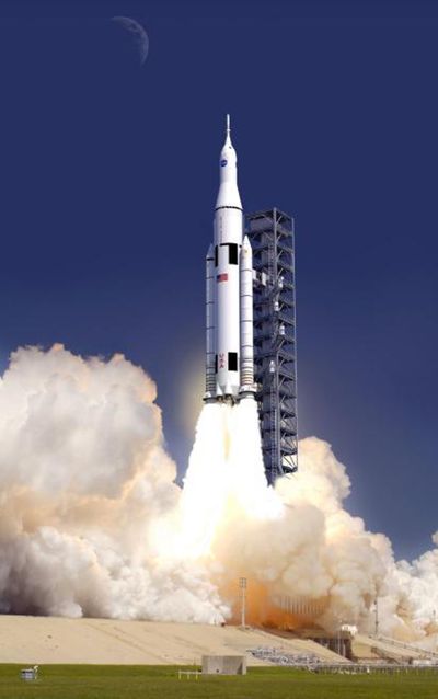 This artist concept provided by NASA shows the launch of the rocket design called the Space Launch System. (Associated Press)