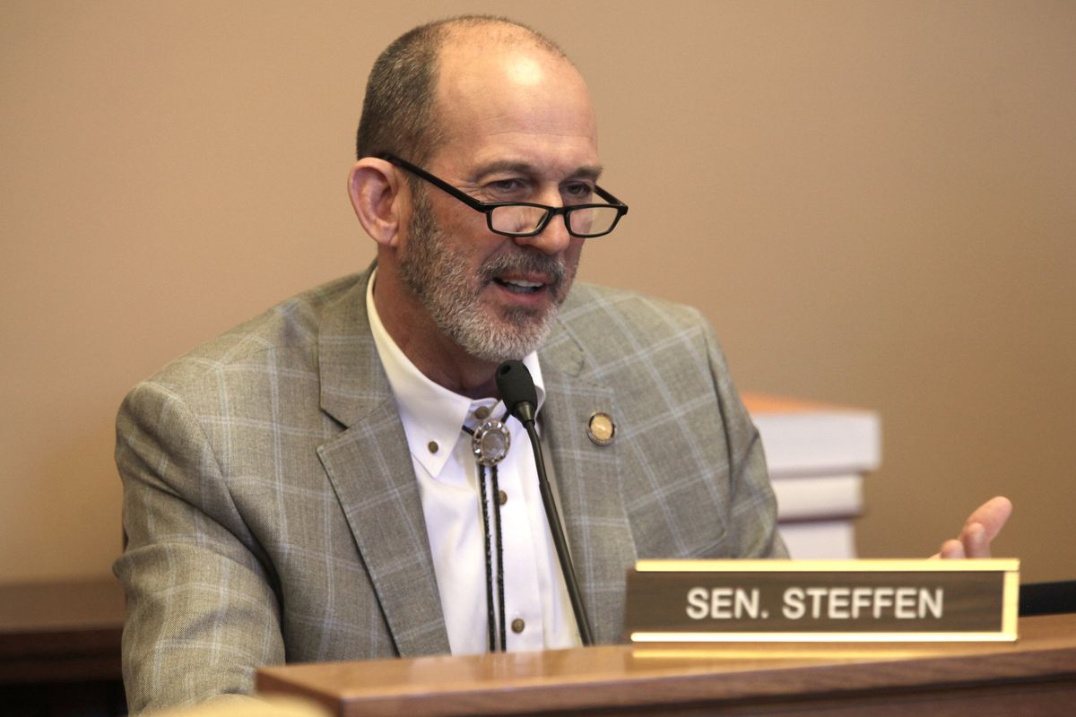 Kansas state Sen. Mark Steffen, R-Hutchinson, speaks in favor of proposals on COVID-19 and childhood vaccinations during a Senate committee meeting, Tuesday, Feb. 8, 2022, at the Statehouse in Topeka, Kan. The proposals are in a single bill that would make sure prescriptions for the anti-worm medication ivermectin are filled as COVID-19 treatments and make it easy for parents to claim religious exemptions from vaccine mandates for children enrolling in schools and day cares. (John Hanna)