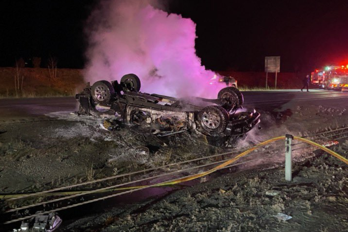 A person was injured early Friday when the vehicle the person was driving crashed and burst into flames on Interstate 90 near the Liberty Lake exit.  (Washington State Patrol)