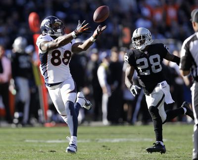 Broncos wide receiver Demaryius Thomas led all NFL receivers in touchdown receptions (14) this season. (Associated Press)