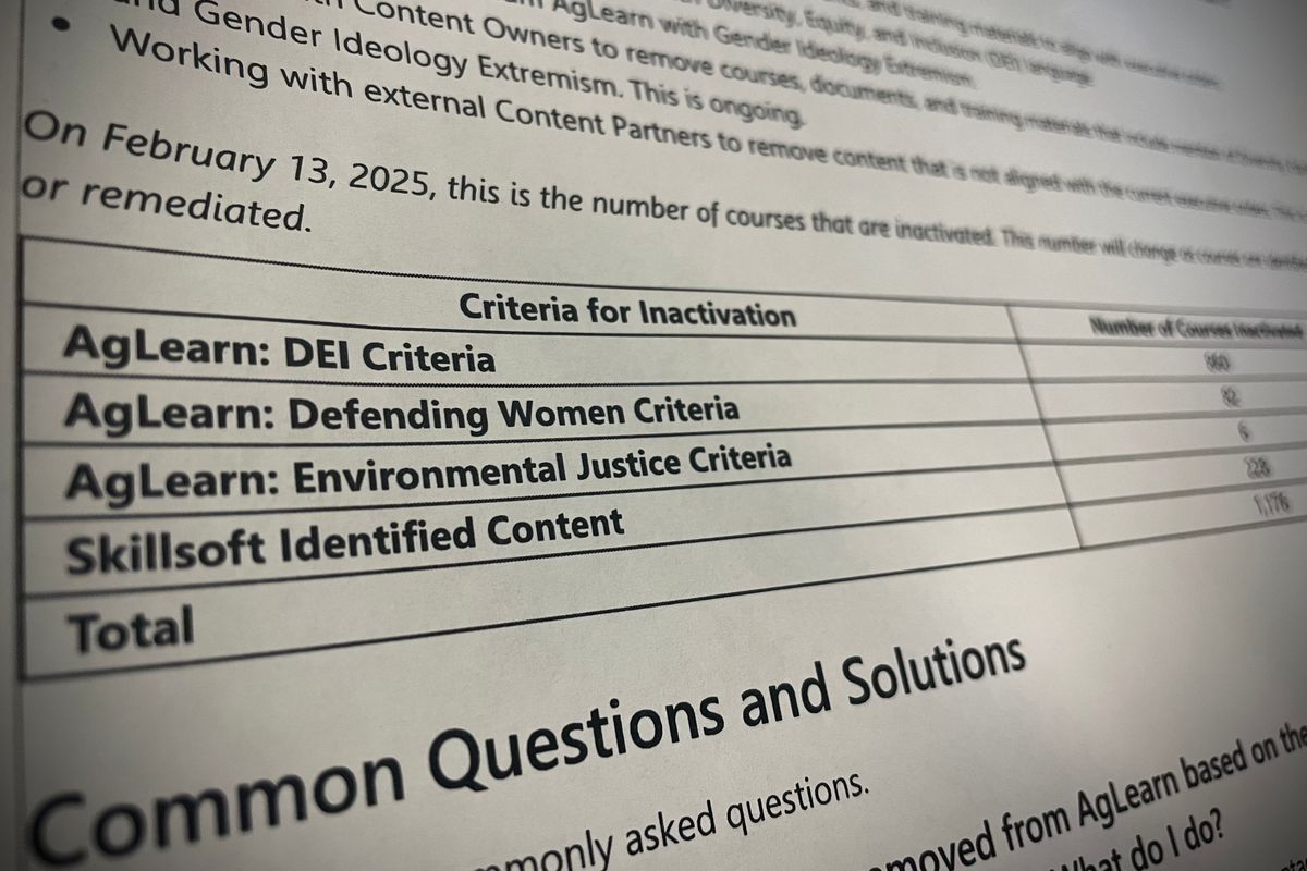 A document for USDA employees indicating how many training courses were inactivated following Trump’s orders to end diversity, equity and inclusion practices in government.