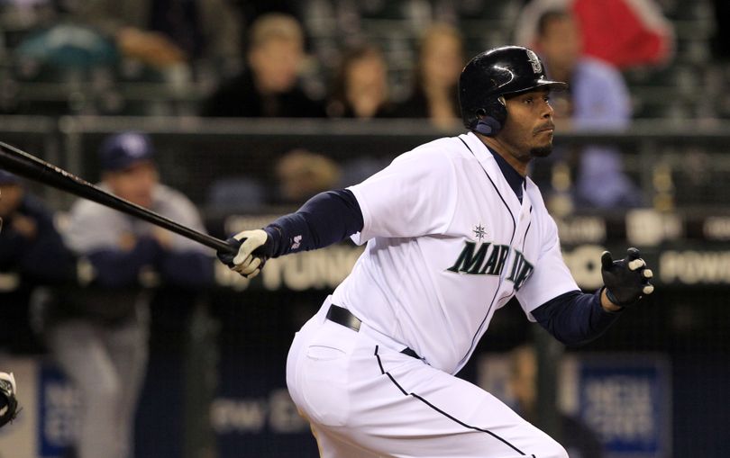 Seattle Mariners' Ken Griffey Jr. flies out to end the baseball game against the Tampa Bay Rays in the ninth inning Thursday, May 6, 2010, in Seattle. The Rays won 8-0. (Elaine Thompson / Associated Press)