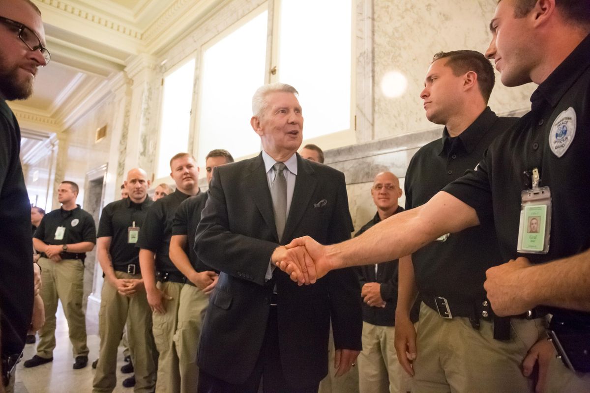 David Leroy shakes hands with correctional officers who were at the Idaho Capitol on Thursday, on his way in to file papers with Idaho Secretary Lawrence Denney to run for Idaho’s 1st Congressional District seat in 2018, on May 11, 2017. (Otto Kitsinger / Leroy for Congress)