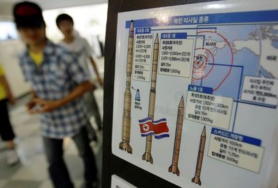 Visitors walk next to a sign  illustrating North Korea’s missiles at  an observation post near the border village of  Panmunjom,  South Korea, on Saturday.  (Associated Press / The Spokesman-Review)