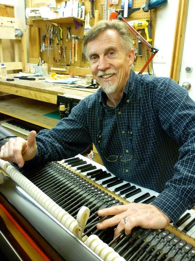 Spokane piano technician Alan McCoy is refurbishing this 1989 Young Chang grand. The piano’s new action includes carbon fiber hammer shanks. (MIKE GUILFOIL)