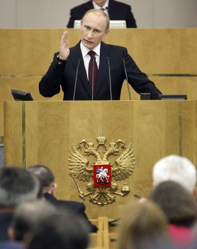Russian Prime Minister Vladimir Putin addresses the State Duma in Moscow on Wednesday. (Associated Press)