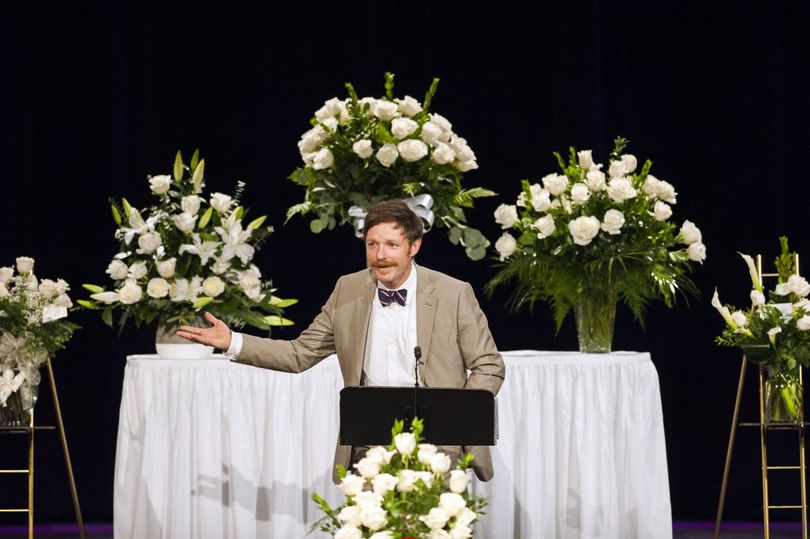 Makenzie Astin, son of the late Anna Patty Duke Pearce, tells the crowd during a memorial service for Duke, April 16, 2016, at Lake City Church in Coeur d'Alene, Id., “She had an incredible ability to connect with people. It was perhaps her greatest gift to the world, to make people feel included.” The Academy Award winning actress died at age 69 on March 29. (Dan Pelle/SR)
