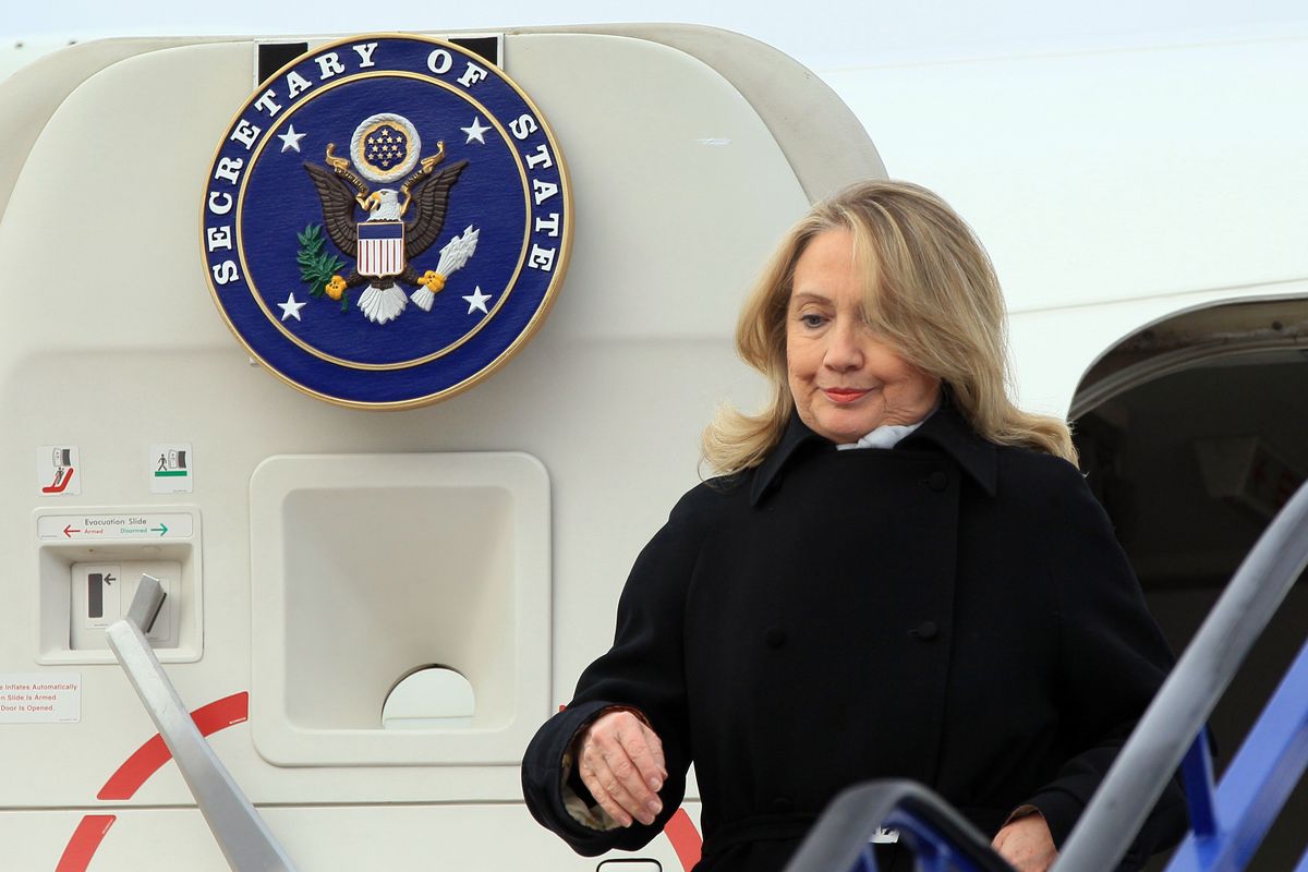 US Secretary of State Hillary Rodham Clinton arrives at Zagreb international airport, Croatia, Wednesday, Oct. 31, 2012. Clinton is currently touring northern Africa and southeast Europe. (Damir Sencar / Pool Hina)