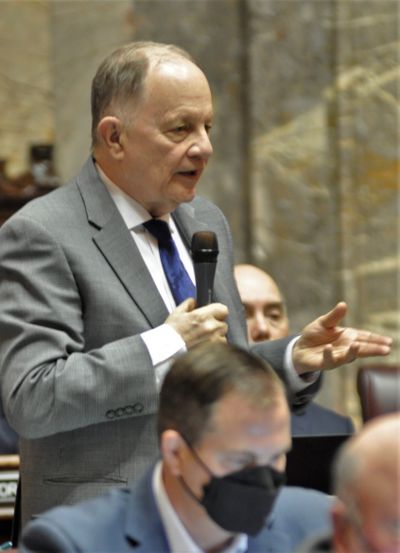 Sen. Mike Padden, R-Spokane Valley, speaks during a legislative session in April 2023. The lawmaker had two bills he sponsored signed by the governor last week, addressing sales taxes for some medical equipment and costs for some housing units.  (Jim Camden/For The Spokesman-Review)