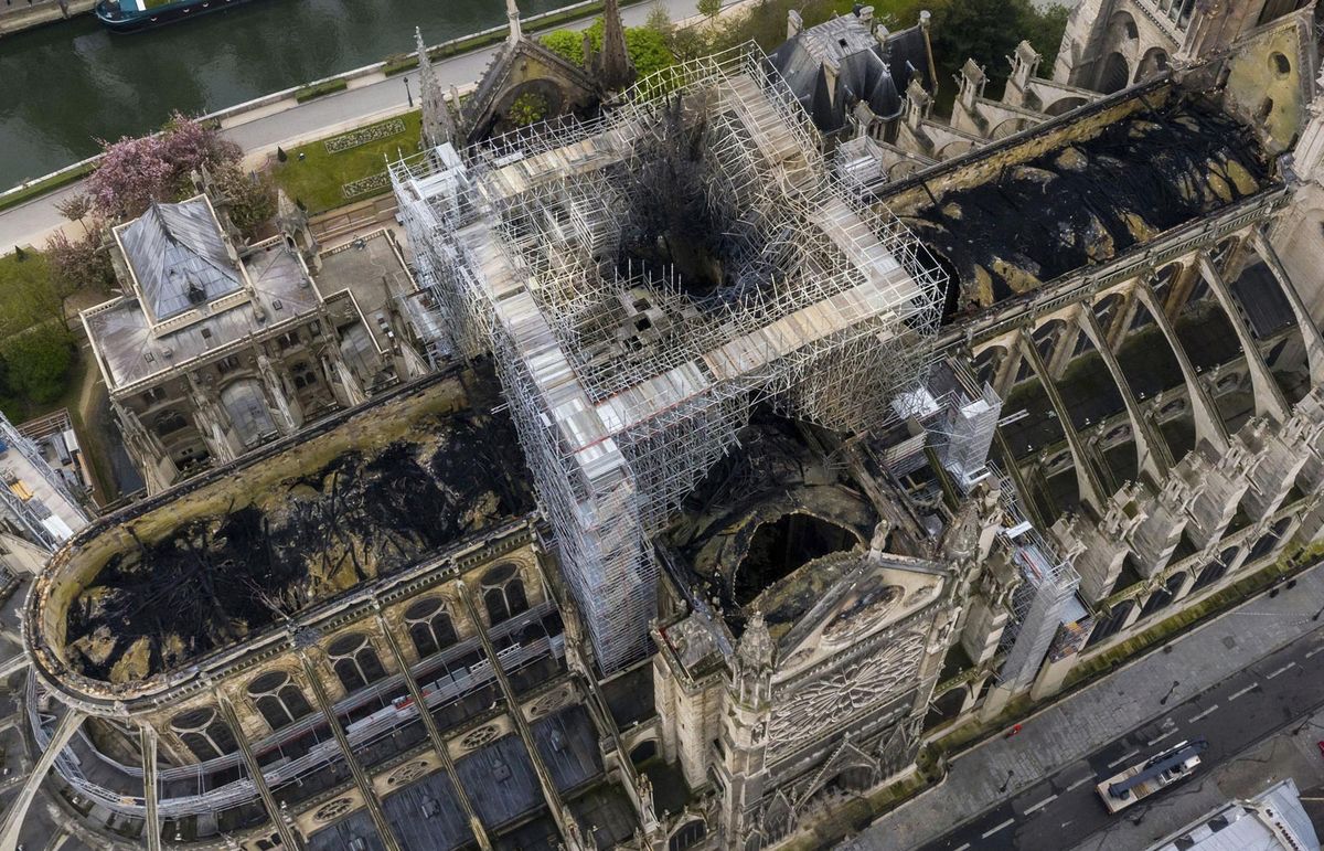 Aerial photos of fire damaged Notre Dame Cathedral - April 17, 2019