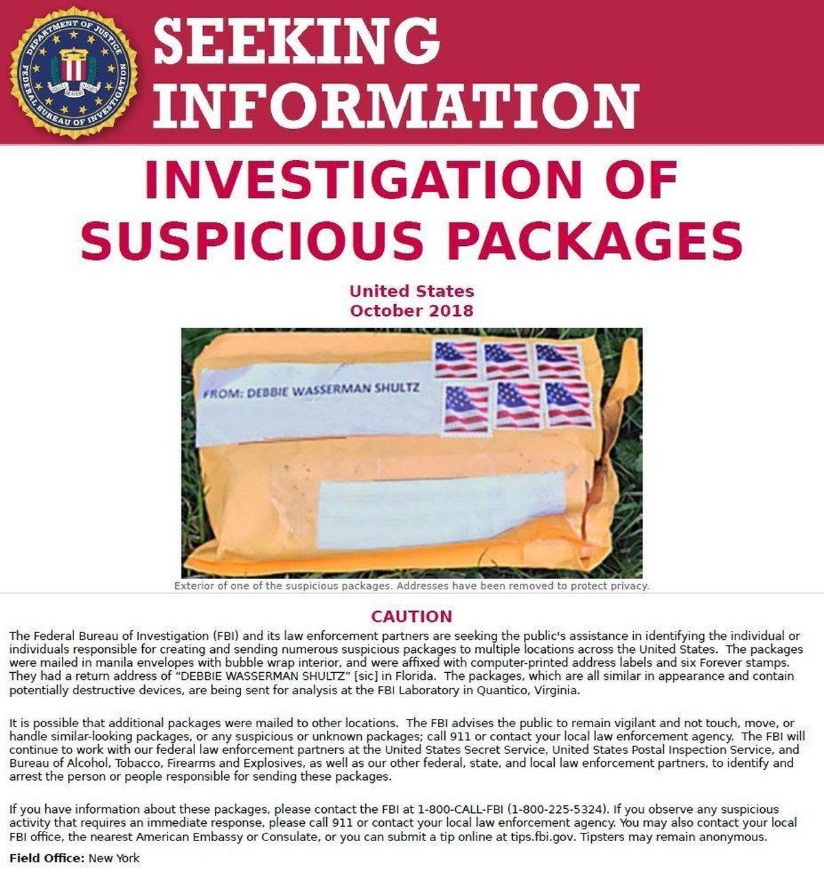 The FBI released this poster on Thursday, Oct. 25, 2018, asking for the public’s assistance in finding the people responsible for sending suspicious packages to multiple locations across the United States. The targets of the packages were some of the figures most frequently criticized by President Donald Trump. (Associated Press)