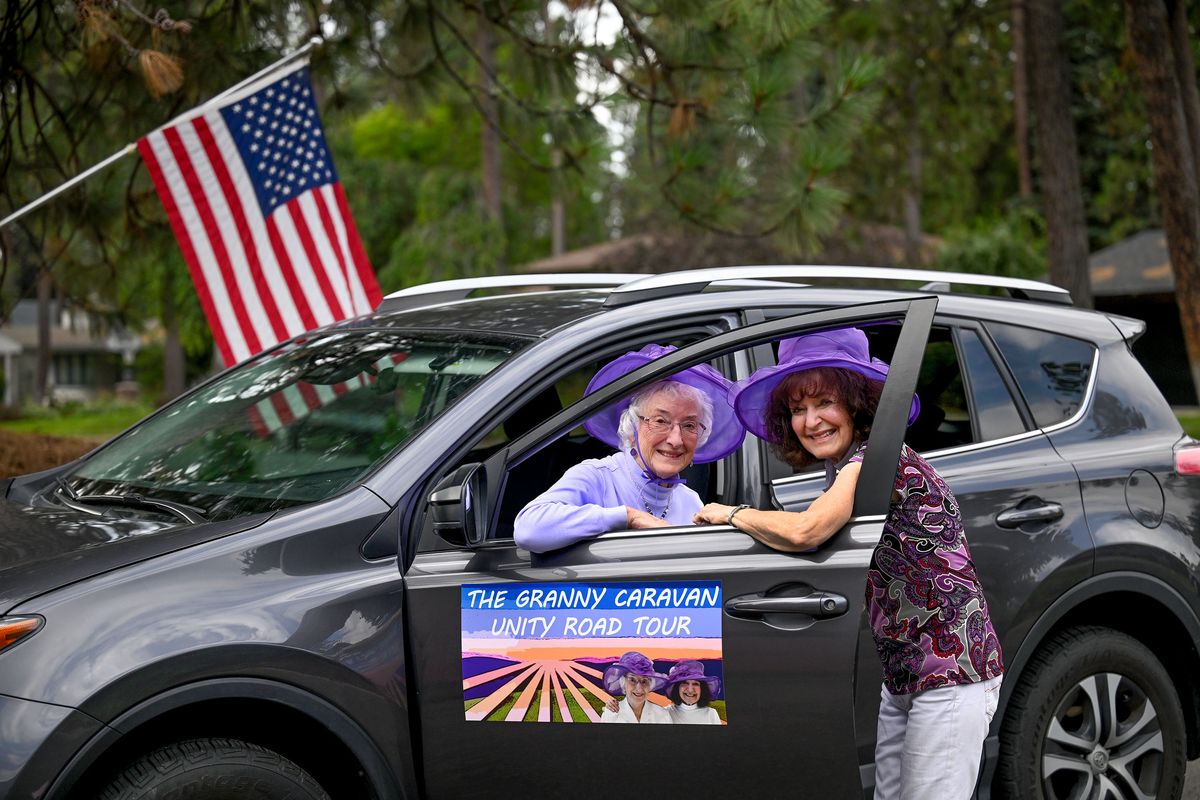 Two Spokane octogenarians, Roz Luther, left, and Shirley Grossman are photographed on Aug. 16 in Spokane. They have been on a remarkable journey to bridge community divides and promote civic engagement through their “Granny Caravan: Unity Road Tour.” This unprecedented 16-stop tour across Eastern Washington aims to spread kindness, listen to residents’ concerns and encourage voter registration.  (Kathy Plonka/The Spokesman-Revie)