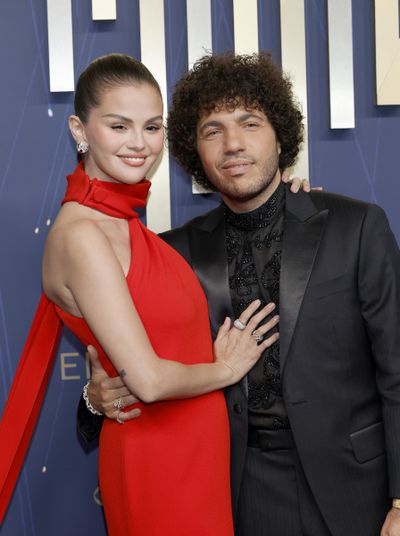 From left to right: Selena Gomez and Benny Blanco attend the 77th Primetime Emmy Awards at Peacock Theater on Sept. 14, 2025, in Los Angeles, California.   (Frazer Harrison/Getty Images North America/TNS)