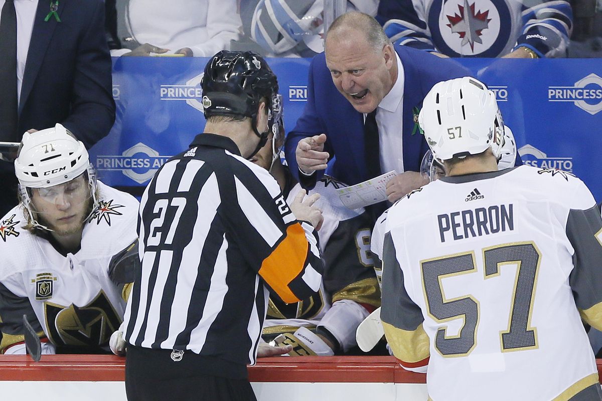 Vegas Golden Knights coach Gerard Gallant questions an official about the call on a goal during the third period of Game 1 of the NHL hockey playoffs Western Conference final, against the Winnipeg Jets, Saturday, May 12, 2108, in Winnipeg, Manitoba. (John Woods / Canadian Press via AP)