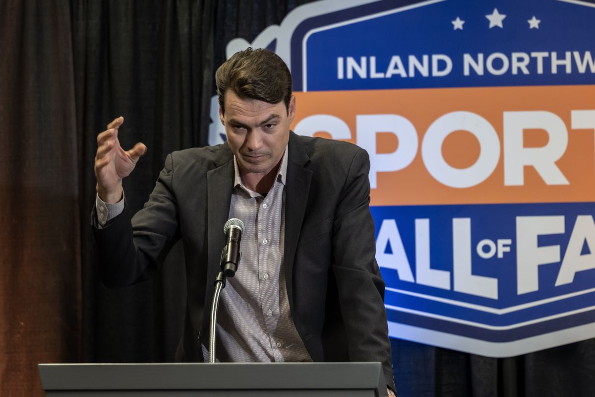 Former GU great Adam Morrison speaks Tuesday after being inducted into the Inland Northwest Sports Hall of Fame at the Spokane Arena.  (COLIN MULVANY/THE SPOKESMAN-REVIEW)